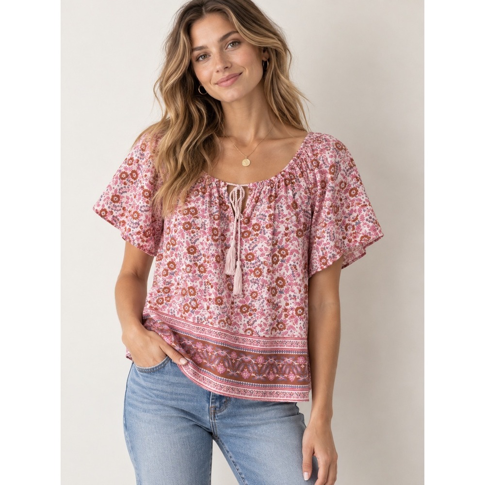 Faherty Pink Floral Organic Cotton Boho Tassel Blouse WTU2209-EAB Medium